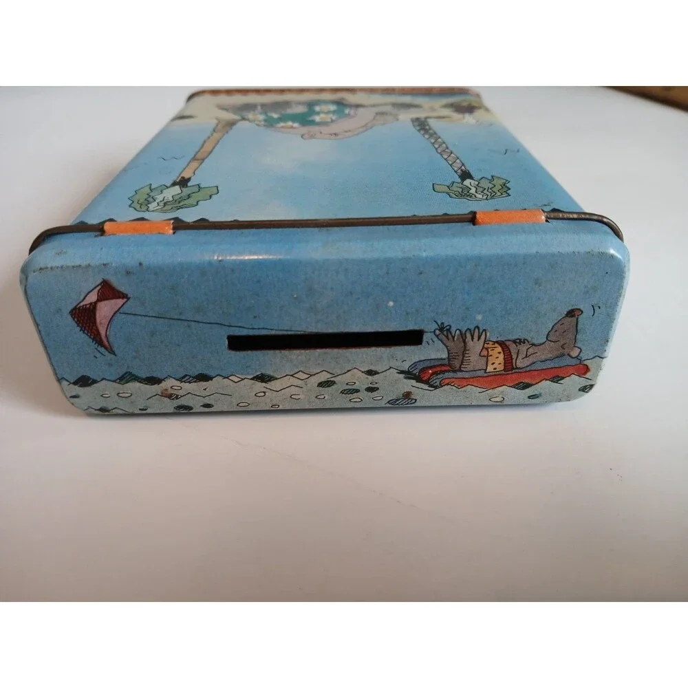 Vintage Tin Metal Coin Bank Vacation Fund Bandaid Box Shape